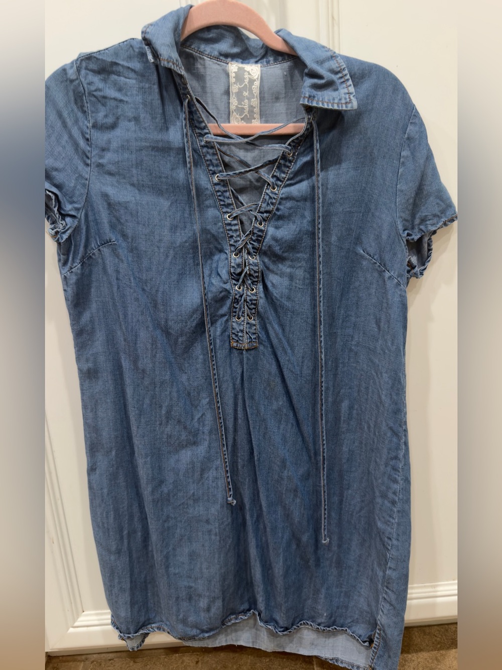 Denim Lace-Up Short Sleeve Women's Top